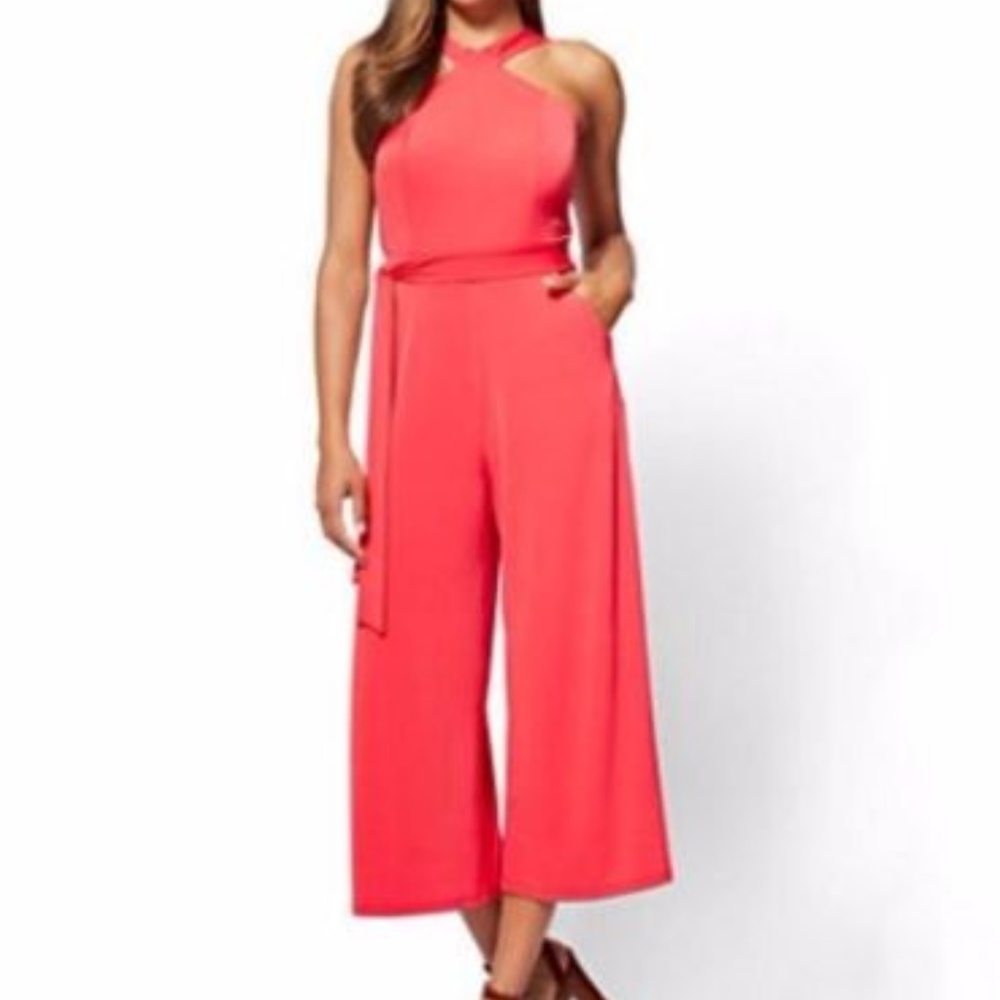 New York & Co. Halter Coral Jumpsuit, Size: L